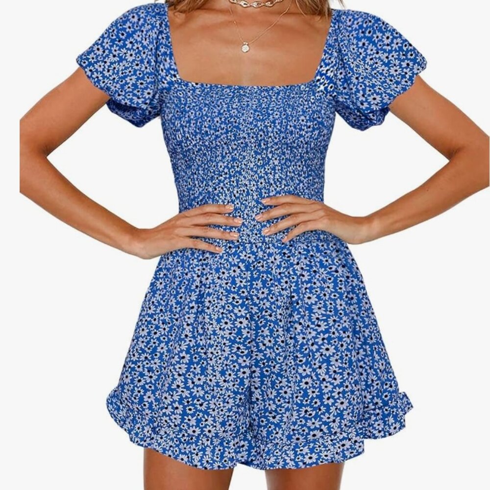Blue Floral Capped Sleeved Romper